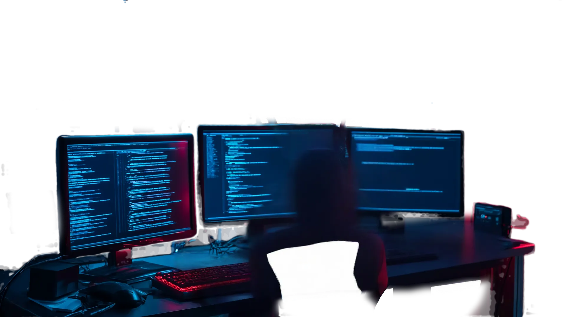 Hacker desk setup with multiple monitors